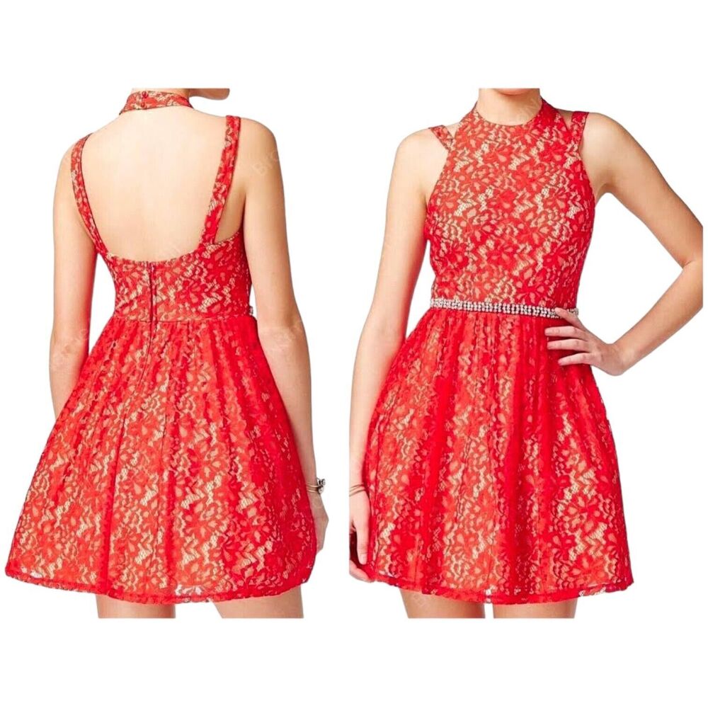JODI KRISTOPHER Red Sleeveless Rhinestone Detail Party Lace Mini Dress Juniors 5 - Picture 8 of 8